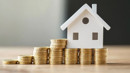 A minimalist concept of a house model on a staircase of increasing gold coins, symbolizing home affordability planning.