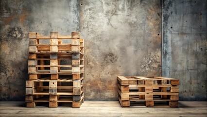 Rustic wooden pallet structures against a textured concrete wall, offering a versatile backdrop for design and product displays