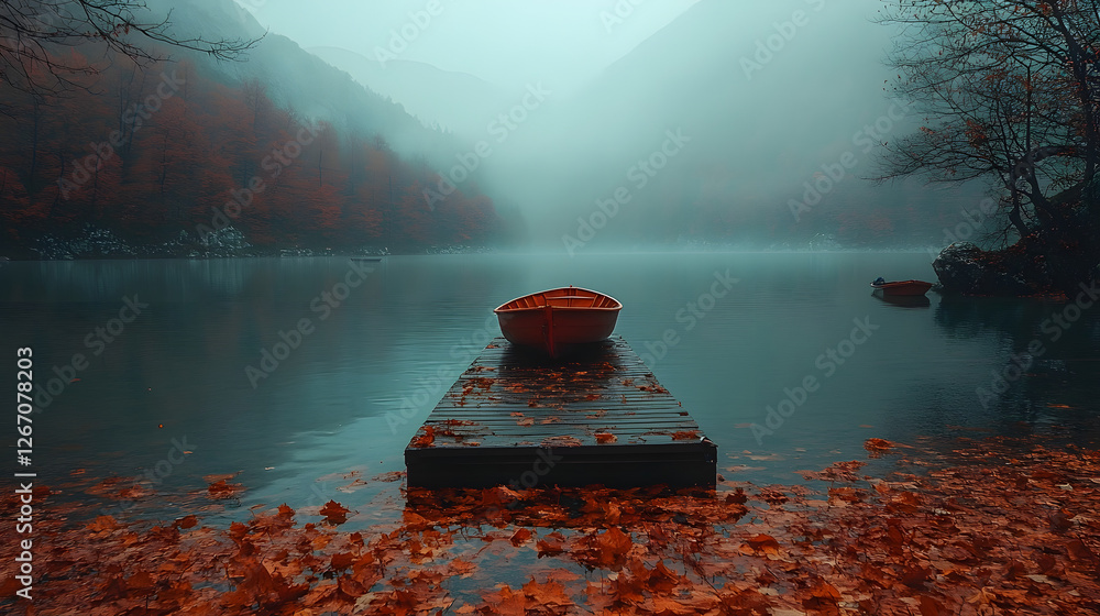 Poster mystical serenity: a serene waterscape shrouded in mist, with a dock extending towards a mysterious 