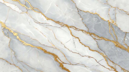 A luxurious marble texture background with white and gold veins running through a soft gray base. High detail, polished surface, elegant and refined.