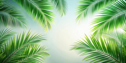 Obraz premium Lush Green Palm Fronds Frame a Serene Light Blue Background, Ideal for Relaxation and Tropical Themed Designs