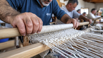 Obraz premium Weaving artisans create intricate textiles using traditional techniques, showcasing craftsmanship and dedication