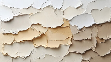 Textural Harmony: A close-up of a captivating piece of abstract art showcases a richly textured surface, composed of layered, irregular shapes in a soothing palette of neutral tones.