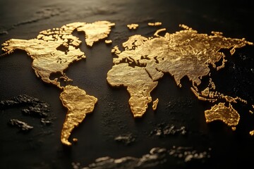 3D style of a world golden map on black background. world gold price market concept.	