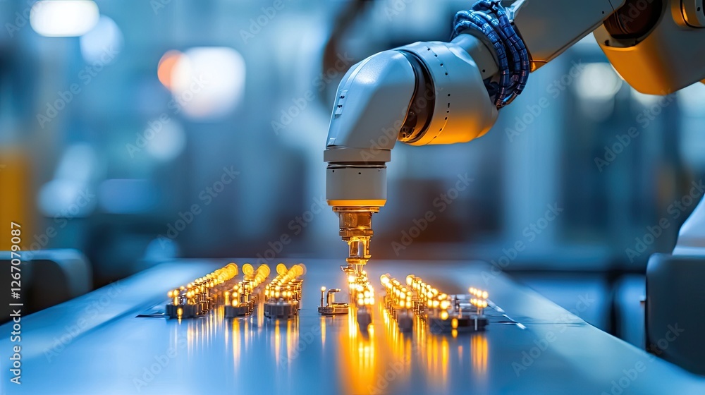 Poster a robotic arm assembling small glowing components in a futuristic factory.