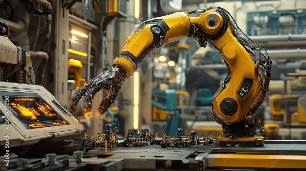 Aufkleber a robotic arm assembling small glowing components in a futuristic factory.