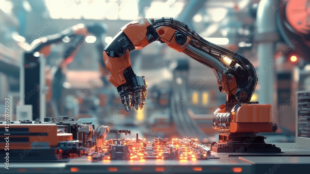 Poster a robotic arm assembling small glowing components in a futuristic factory.