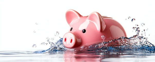 pink piggy bank is partially submerged water, creating splash effect, symbolizing financial challenges or savings issues. image is set against white background, highlighting piggy bank glossy