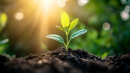 Close-up of a young plant seedling growing from soil under sunlight, symbolizing growth and new beginnings.