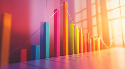 Colorful 3D bar graph with a rising line over it, illuminated by sunlight. Represents data visualization and financial growth.