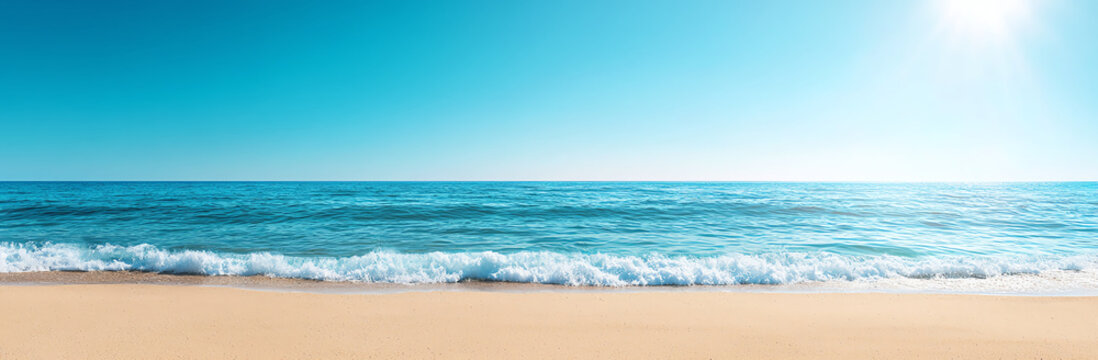 panoramic view of beautiful turquoise sea with waves gently lapping against sandy beach under clear blue sky. serene and tranquil scene evokes sense of peace and relaxation