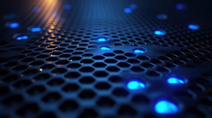 Modern Dark background of hexagonal carbon fiber with electric blue luminous lines and highlights background 