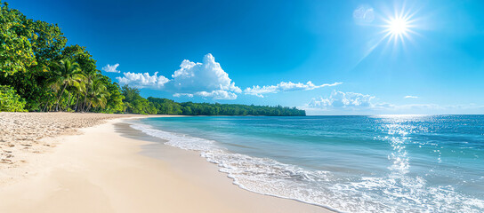 panoramic view of beautiful beach with white sand, clear blue water, and lush green trees under bright sun, creating serene and inviting atmosphere