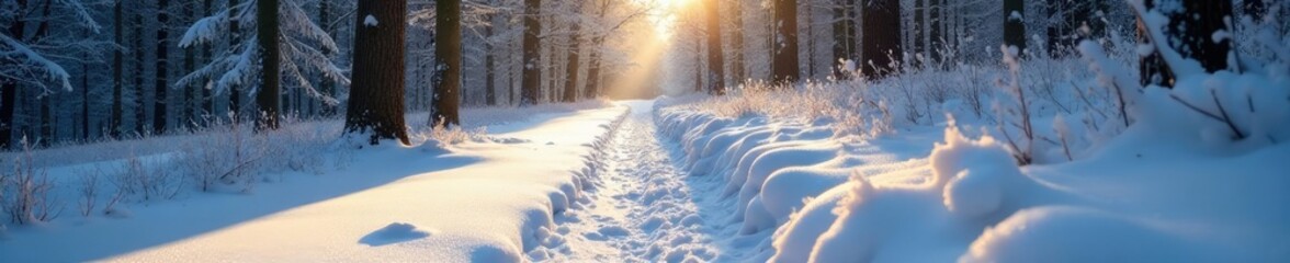 Fototapeta premium Snow-covered forest floor glistens in sunlight, frosty mornings, peacefulness