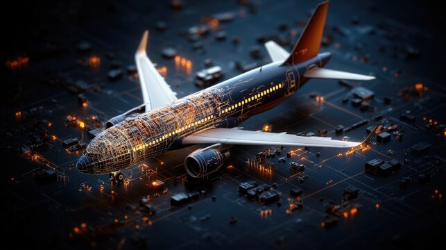 Model airplane on black background showcasing digital twin technology for airbus a320 maintenance
