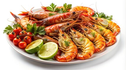 Grilled shrimp platter with lime and herbs - A plate of grilled shrimp garnished with lime, cherry tomatoes, and fresh herbs, offering a seafood delicacy perfect for gourmet dining.  

