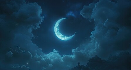 Crescent moon night sky cloudscape; dreamy background