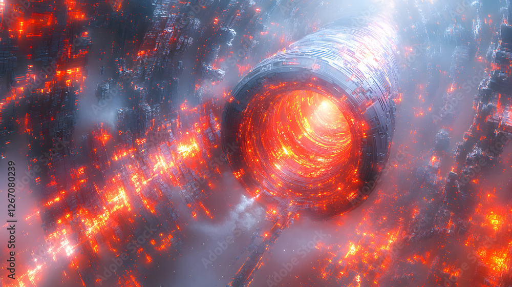 Poster celestial inferno: a mesmerizing view of a celestial inferno with a spiraling vortex of fire, glowin