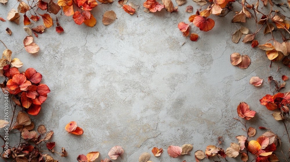 Poster autumn leaves and branches create a border on gray background