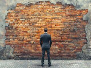 business man facing a huge bricks wall.	
