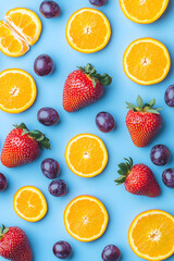 Naklejka premium Electric Blue Pop Art Fusion: Vibrant Fruits in Motion