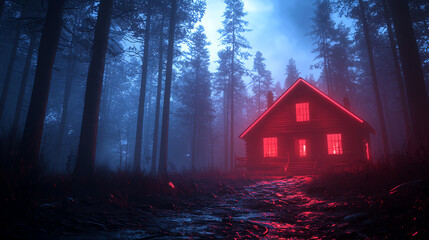 Eerie glowing red house in woods with mysterious atmosphere, surrounded by tall trees and misty path leading to entrance
