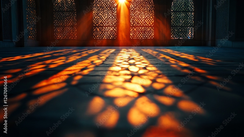 Poster As daylight streams through ornate windows, the warm glow creates mesmerizing patterns on the floor. This serene moment captures the essence of spirituality during Ramadan, inviting reflection