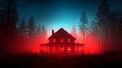 creepy red glowing house stands eerily in woods, surrounded by mist and tall trees, creating mysterious atmosphere
