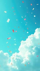 Teal colored confetti falling from a blue sky with white clouds, clouds, soothing, confetti