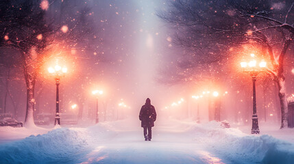 Fototapeta premium Solitary Stroll in Winter's Embrace: A lone figure navigates a snow-covered path, flanked by lampposts aglow, creating a serene and atmospheric winter scene. 