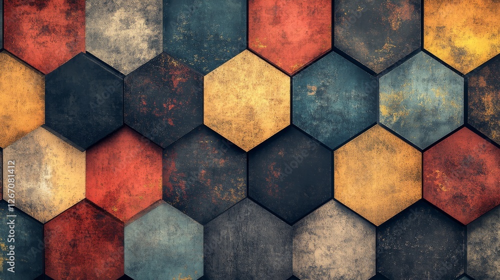 Poster abstract colorful hexagon pattern with rustic and aged textures