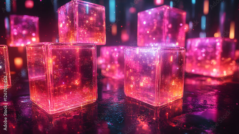 Poster vibrant cubes of energy: an eye-level perspective of glowing cubes, radiating with intricate pattern