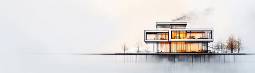 A modern, minimalist house design stands elegantly by a calm body of water, featuring large windows and a serene atmosphere.