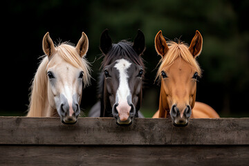 Obraz premium Three horses with distinct colors curiously peer over wooden fence, showcasing their unique features against blurred natural background