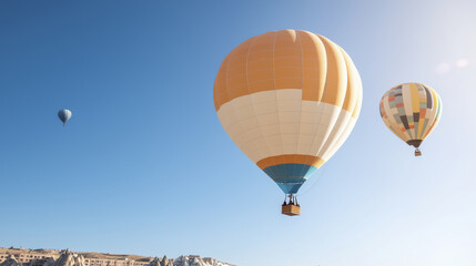 Hot air balloons soaring in clear blue sky, showcasing vibrant colors and patterns
