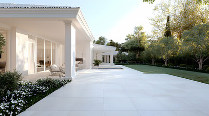 Modern villa patio, sunny garden, pool view, luxury home
