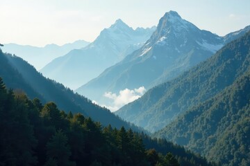 Obraz premium Towering mountain peaks with misty atmosphere, forest, mountains, environment
