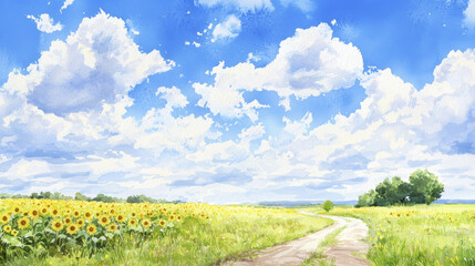 vibrant landscape featuring sunflower field under bright blue sky with fluffy clouds, evoking sense of tranquility and beauty