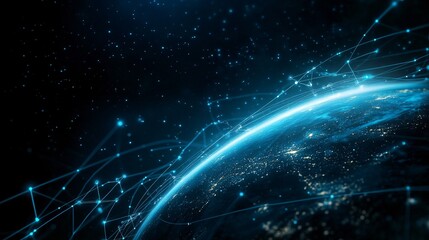 Earth with glowing networks. Digital connections above a city-lit horizon against a starry backdrop.
