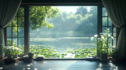 Serene View from Window: A captivating view from a window showcases a tranquil lake embraced by lush greenery and the soft hues of a sunlit ambiance, evoking a sense of peace.