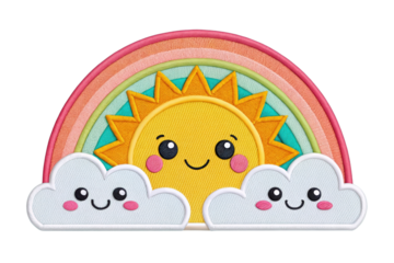 Adorable Sun and Rainbow Patch Design with Smiling Clouds for Kids and Crafts