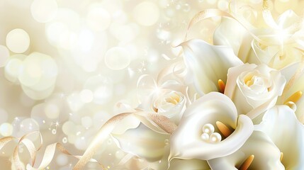 Fototapeta premium A close-up of white lilies, roses, and ribbon on a sparkling cream background.
