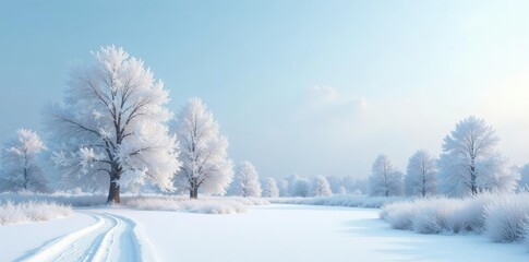 Trees and shrubs in white frost with pale blue sky above, icy, winter