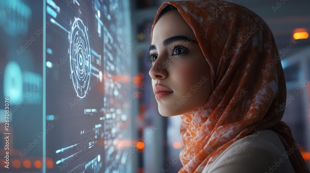 Poster Focused on her digital displays, a Muslim female data center engineer examines complex data patterns, showcasing skill and determination in a modern tech workspace