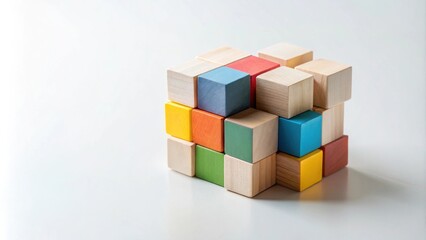 Colorful Wooden Cubes Stacked in a Complex Structure, Representing Problem Solving and Creative Thinking