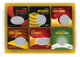 Set of Editable square food banners. Instagram post template design. Suitable for Social Media Post Restaurant and culinary Promotion. Red and yellow background