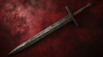 A historical greatsword with a weathered iron blade and a grip wrapped in deep brown leather, leaning against a muted burgundy background