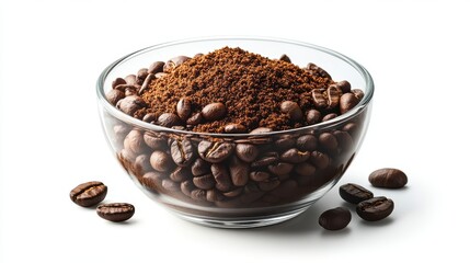 Fototapeta premium glass bowl with ground coffee and coffee beans isolated on transparent background