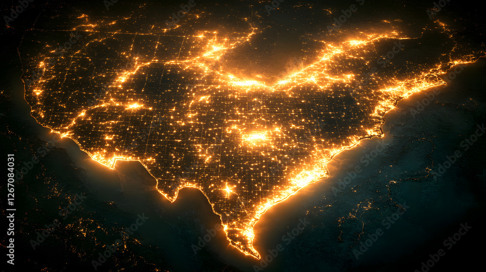 Poster illuminated continental map: a stunning, high-angle view of a illuminated map reveals the interconne