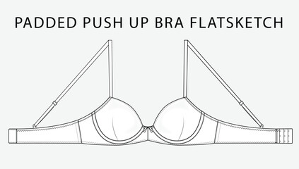 Padded push-up bra flat sketch, strap, adjustable strappy, technical drawing, bralette, flat sketch, fashion technology, tech pack, vector, editable stroke